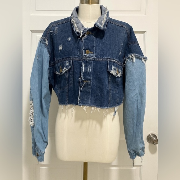 Furst of a Kind Distressed Cropped Two-Tone Denim Jacket Y2K Grunge Streetwear M - Picture 1 of 6